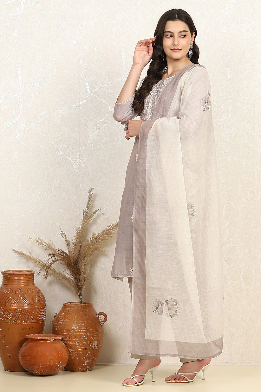 Teal Cotton Embroidered Unstitched Suit Set image number 4