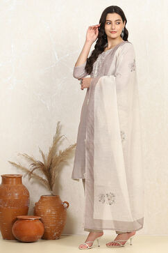 Grey Cotton Embroidered Unstitched Suit Set image number 4