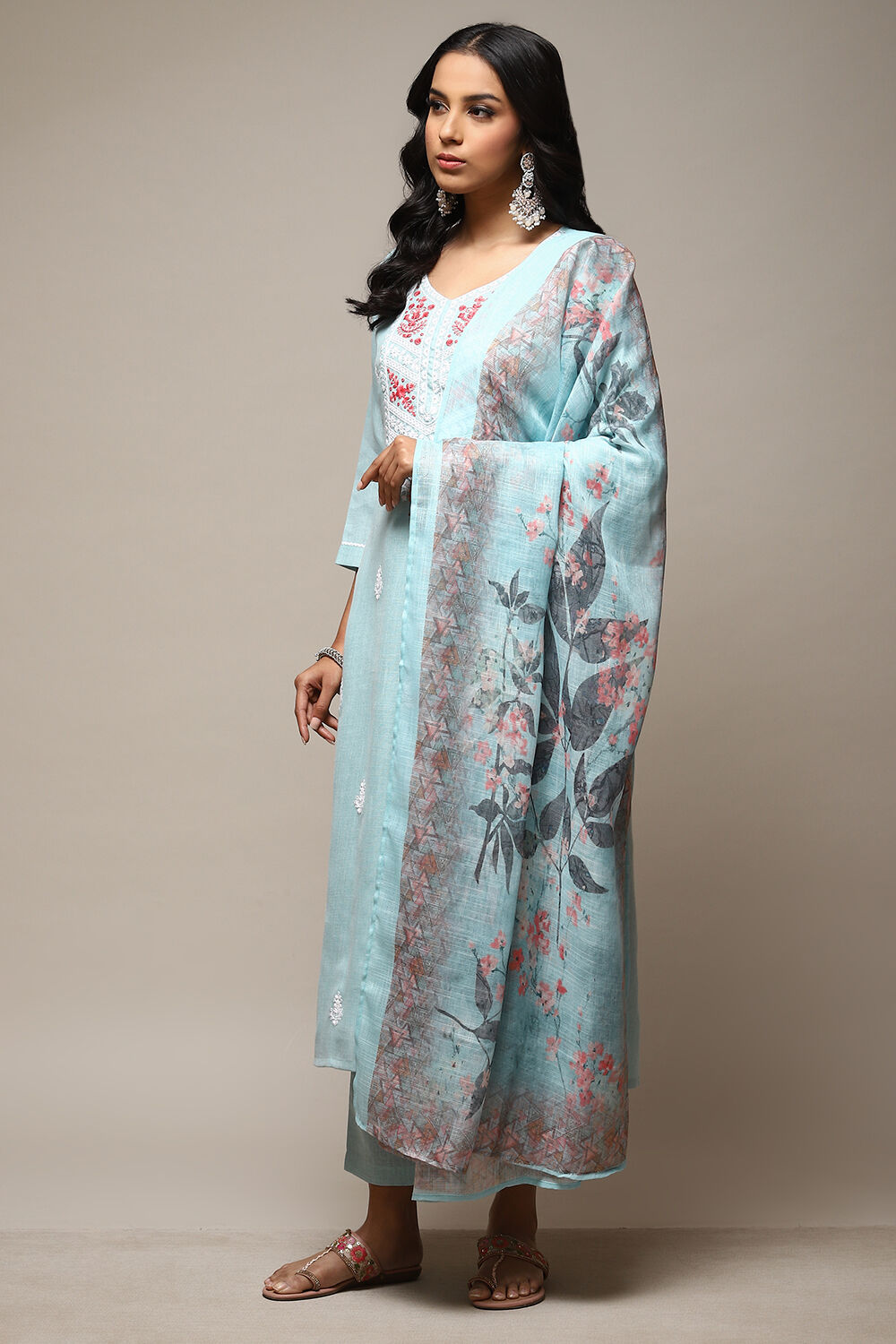 Pastel Green Linen Machine Embroidered Unstitched Suit Set image number 5