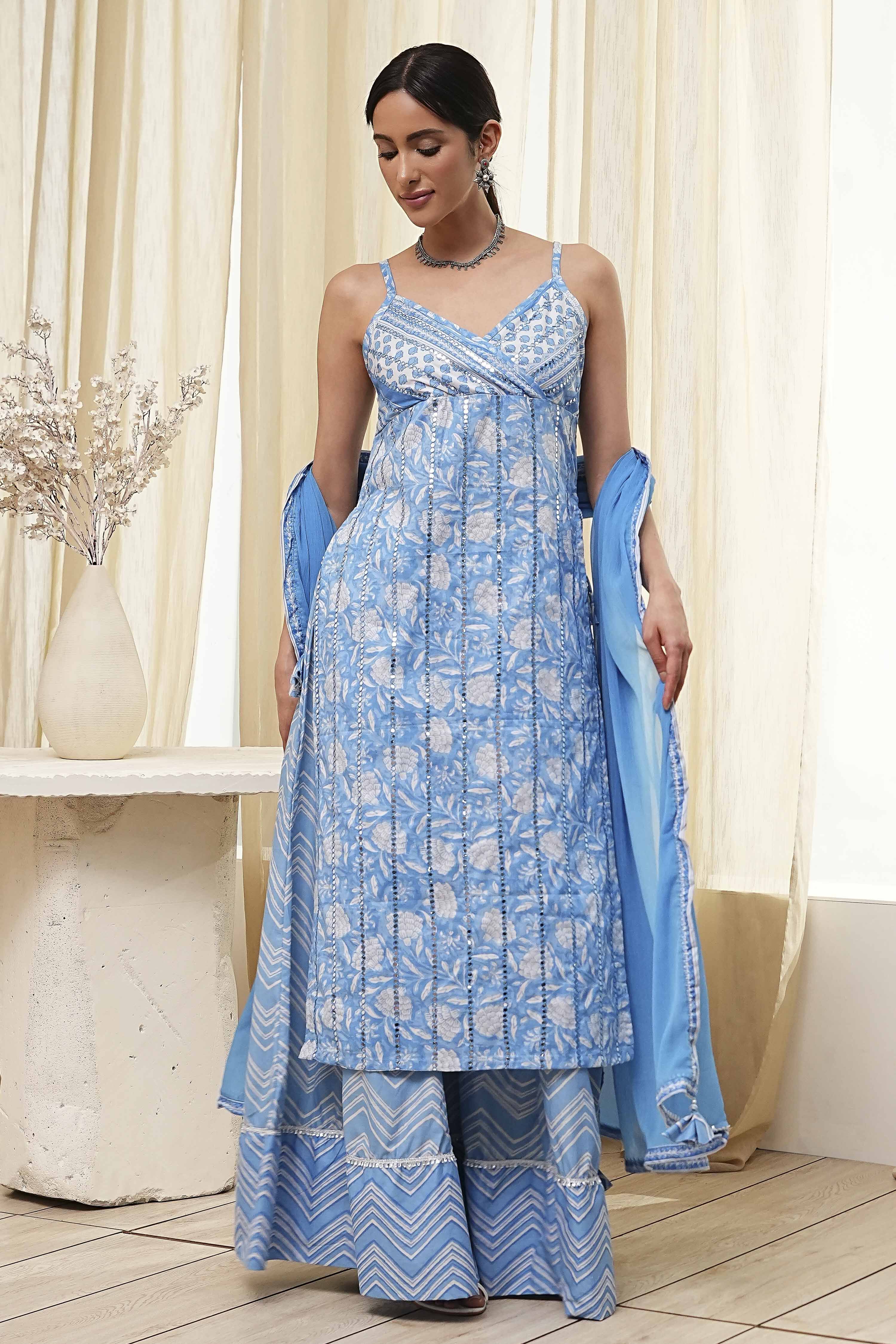 Blue Cotton Floral Strappy Straight Suit Set image number 0