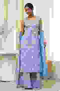 Blue Cotton Floral Strappy Straight Suit Set image number 0