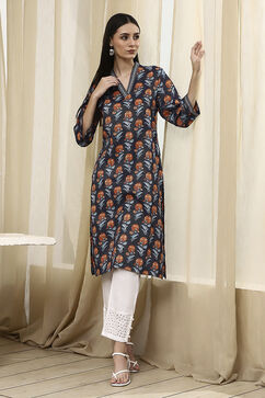 Blue Cotton Printed Straight Kurta image number 0