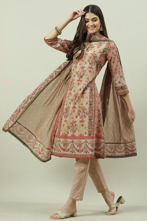 Pink Cotton Straight Kurta Slim Pant Suit Set image number 0