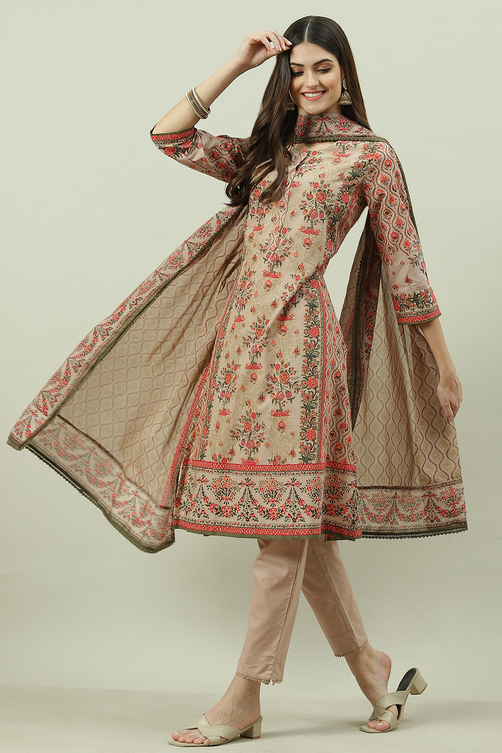 Pink Cotton Straight Kurta Slim Pant Suit Set image number 0