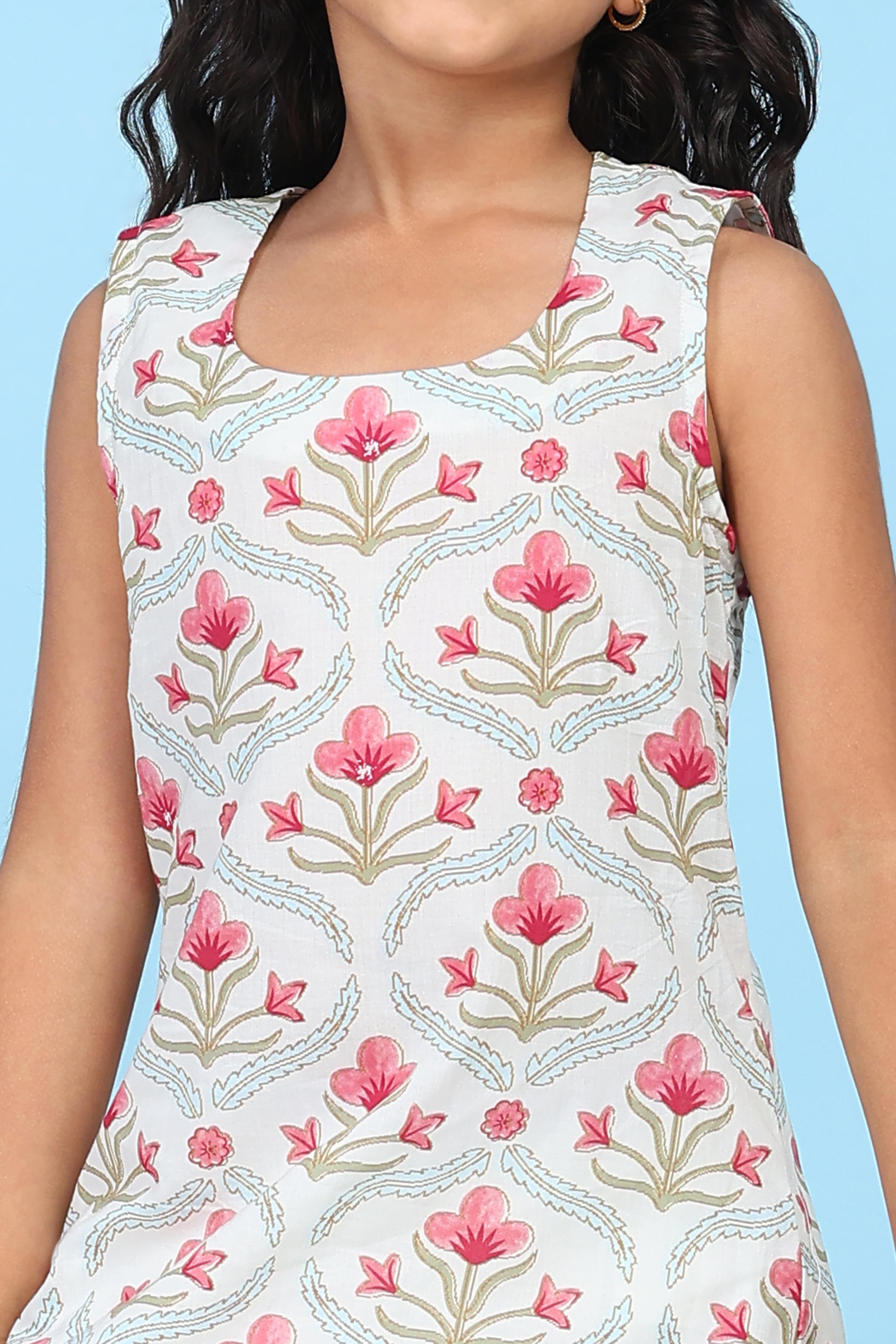 White Cotton Printed Straight Suit Set image number 1