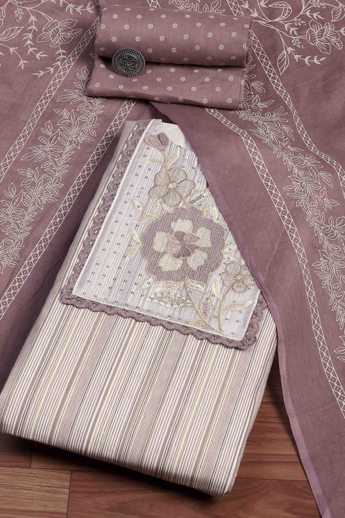 Brown Cotton Blend Printed Unstitched Suit Set image number 0