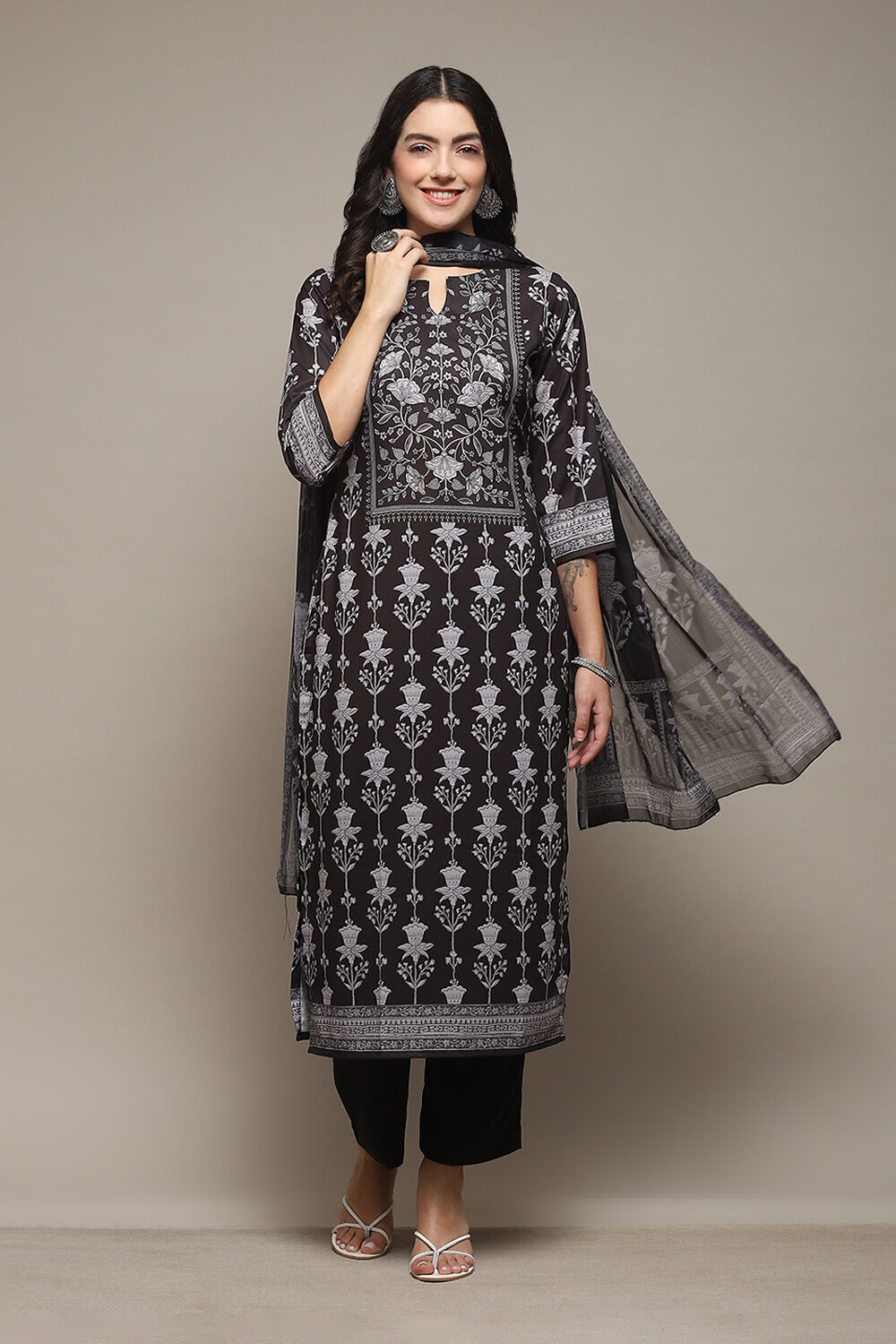 Black Silk Blend Digital Print Unstitched Suit Set image number 8