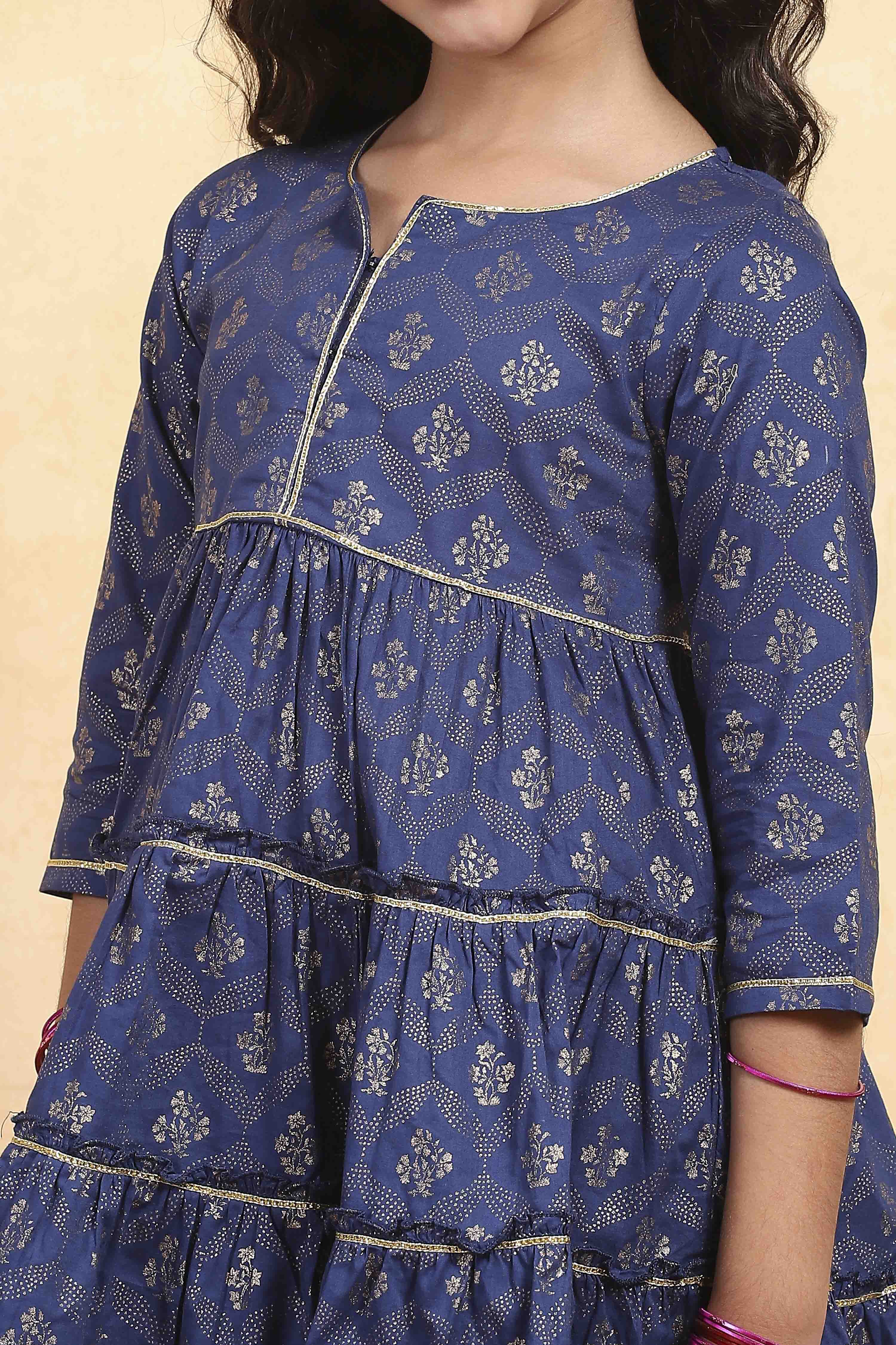 Blue Cotton Tiered Printed Kurta Churidar Set image number 1