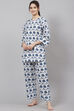 Off White Straight Cotton Three Piece Printed Sleepwear Set image number 4