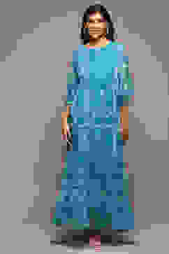 Blue Cotton Blend Tiered Printed Dress image number 5