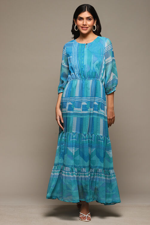 Black Cotton Blend Tiered Printed Dress image number 5