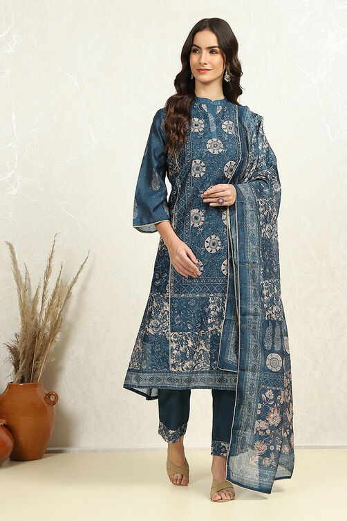 Beige Chanderi Printed Unstitched Suit Set image number 7