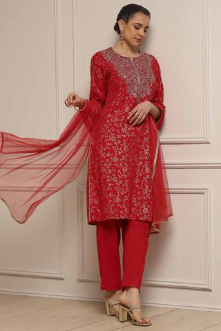 BIBA Green-Maroon Cotton Straight Printed Suit Set in Green-Maroon