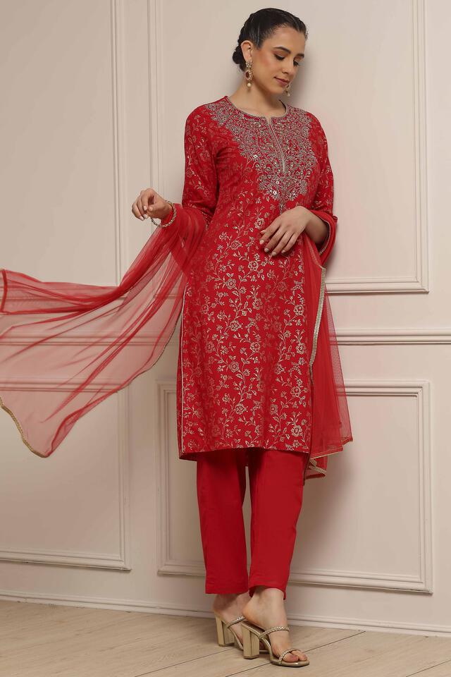 BIBA Green-Maroon Cotton Straight Printed Suit Set in Green-Maroon