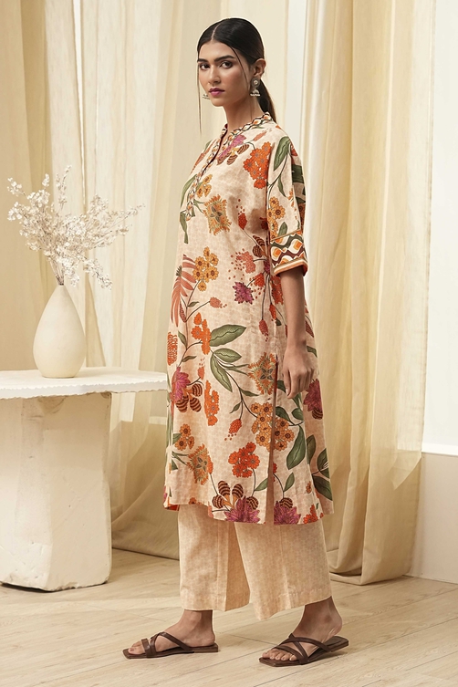 Beige Cotton Blend Straight Kurta Set image number 3