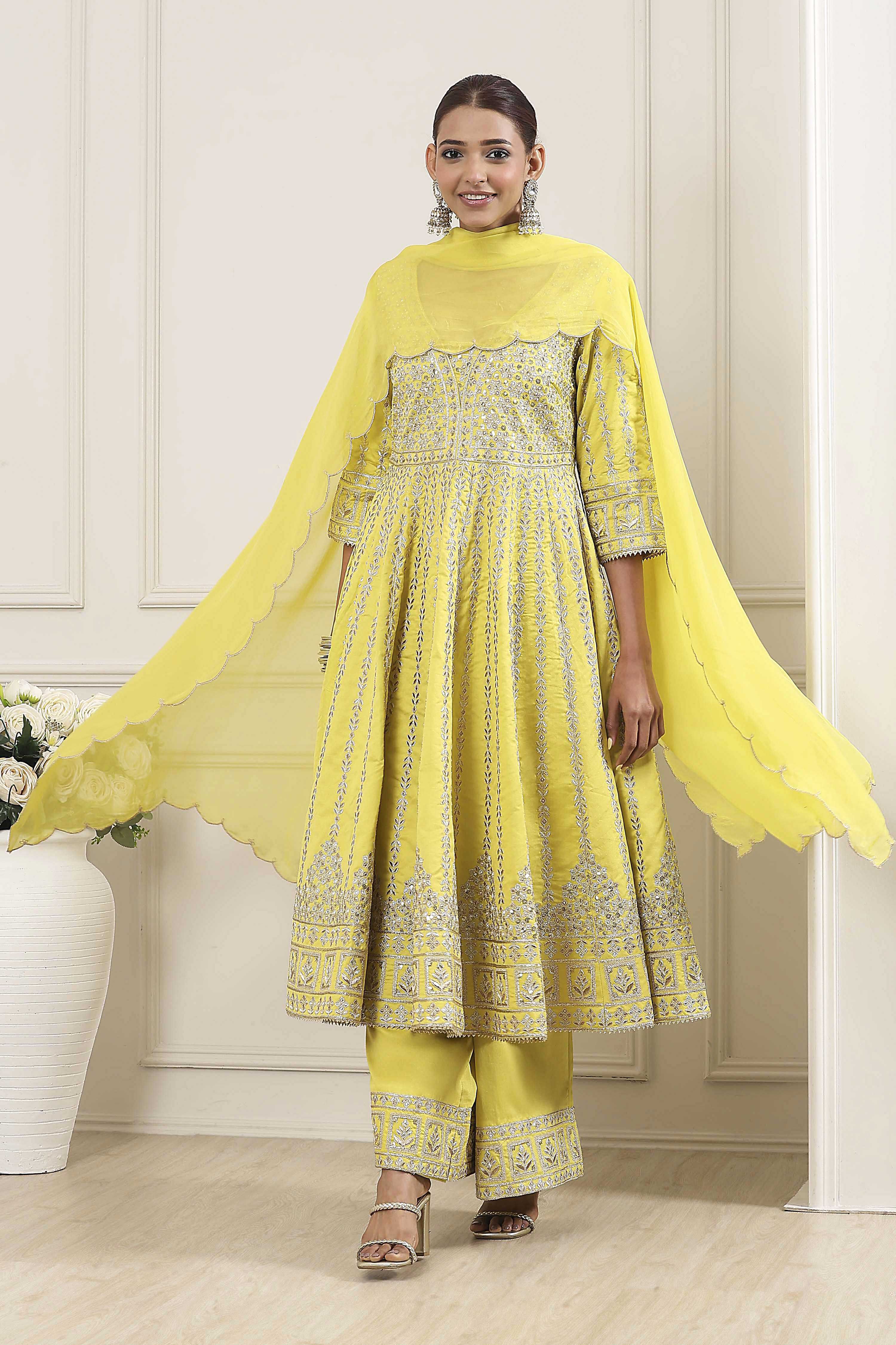 Lime Green Cotton Silk Anarkali Suit Set image number 6