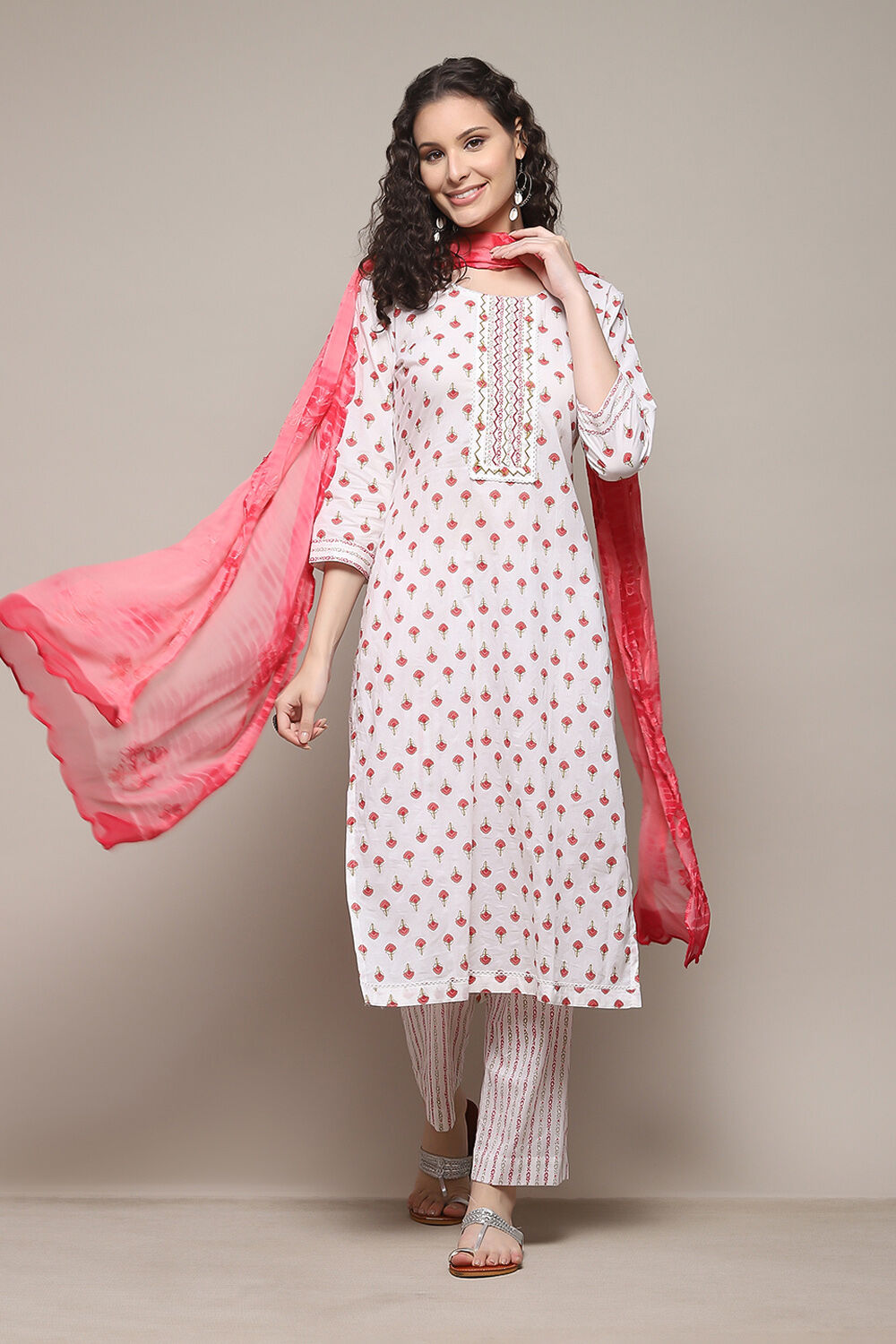 Pink Cotton Handloom Unstitched Suit Set image number 1