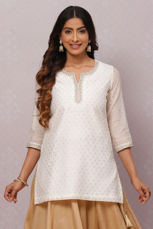 Off White Straight Art Silk Short Printed Kurti image number 0