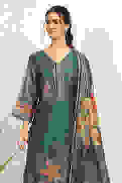 Blue Chanderi Floral Printed Unstitched Suit Set image number 6