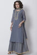 Grey Poly Cotton Straight Kurta Sharara Suit Set image number 2