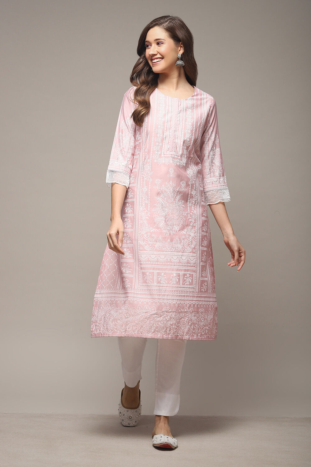Pink Viscose Straight Printed Kurta image number 1