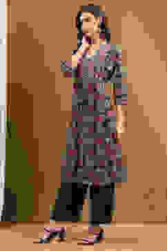 Black Cotton Printed Kalidar Kurta Set image number 3