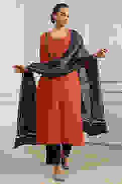 Orange Cotton Handloom Unstitched Suit Set image number 1