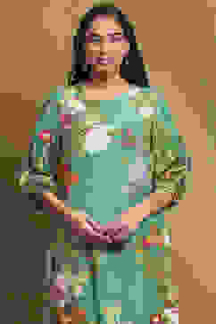Green Modal Floral Printed Asymmetric Kurta Set image number 1