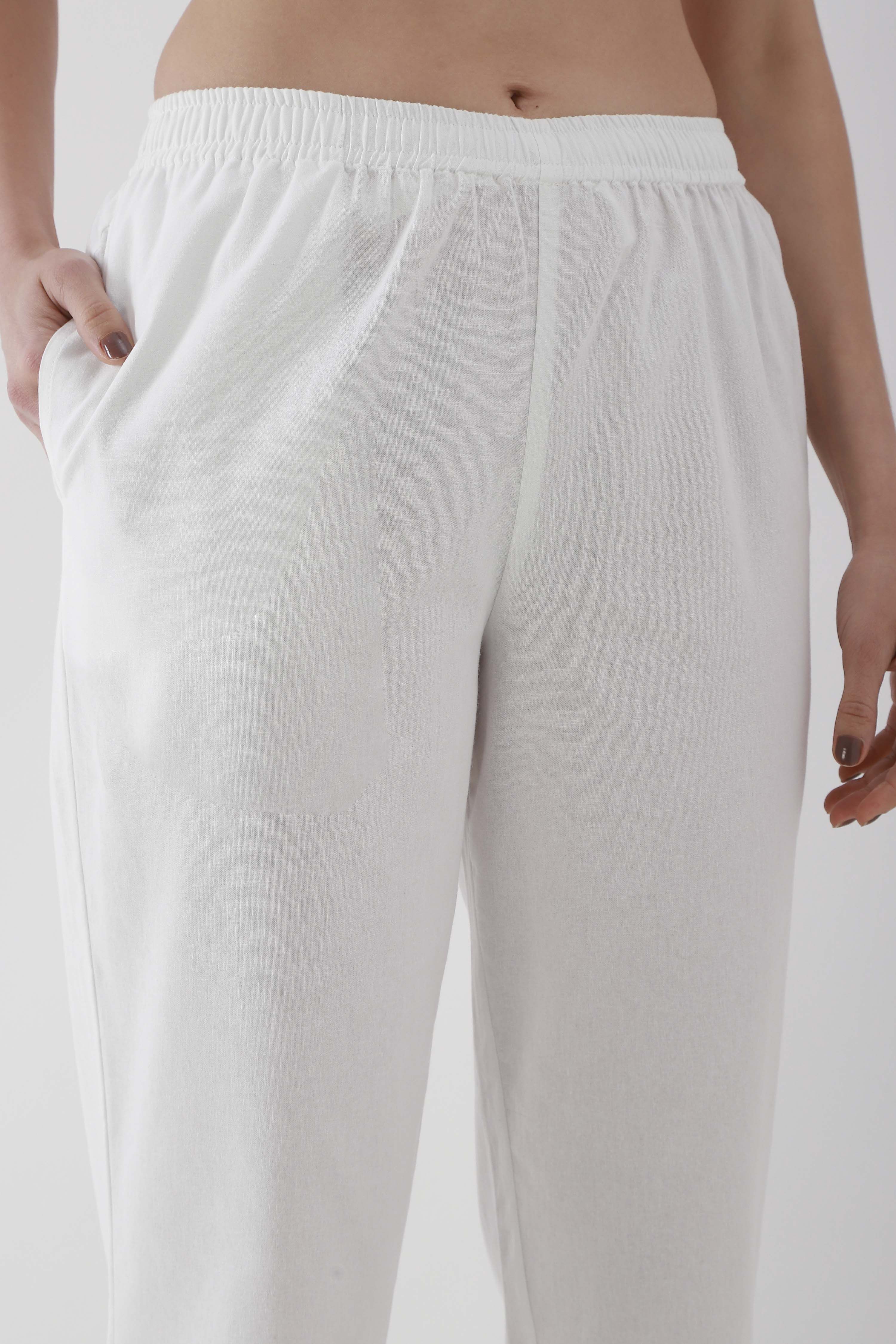 White Cotton Solid Fitted Pants image number 1