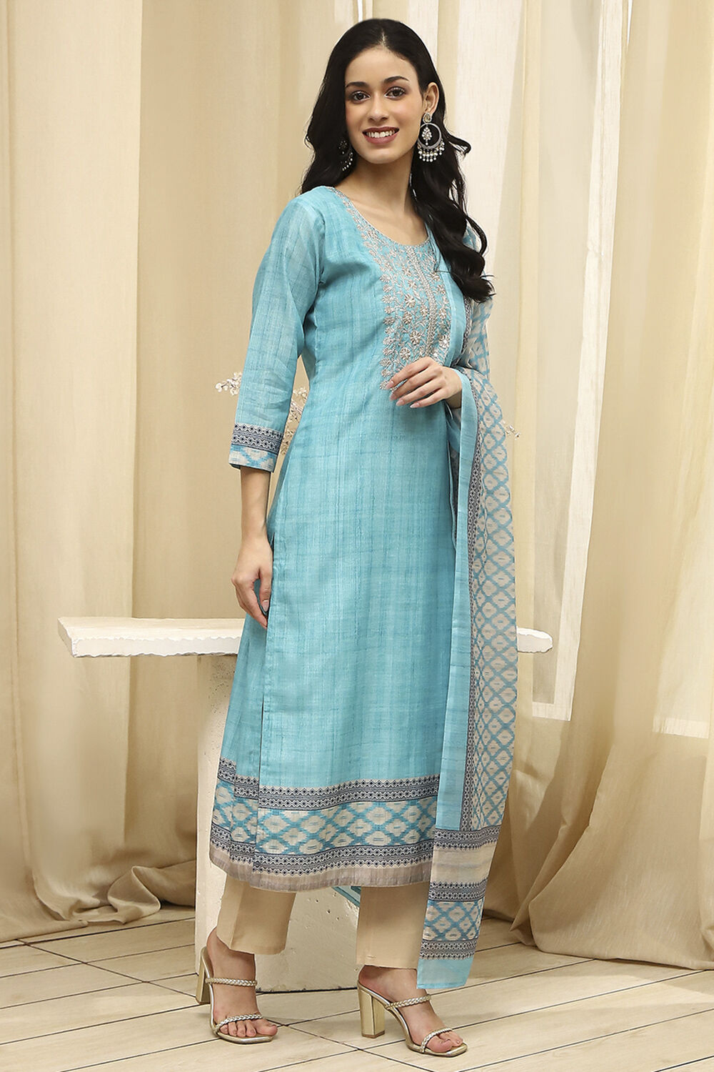 Teal Cotton Machine-Embroidered Unstitched Suit Set image number 5