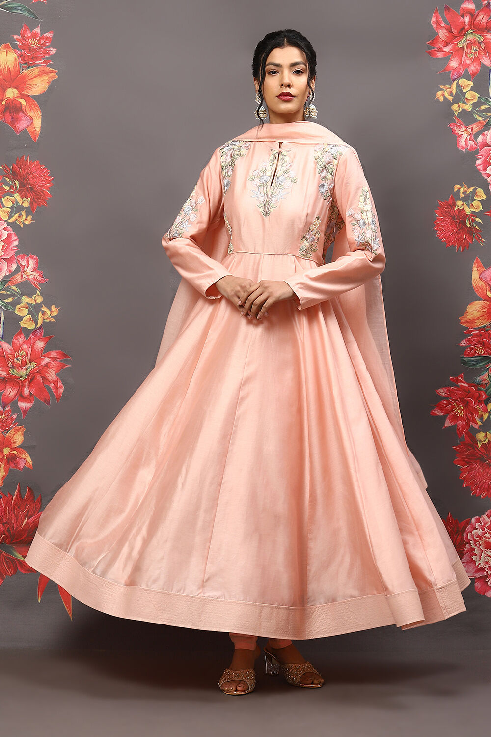 Peach Cotton Blend Anarkali Kurta Suit Set image number 0