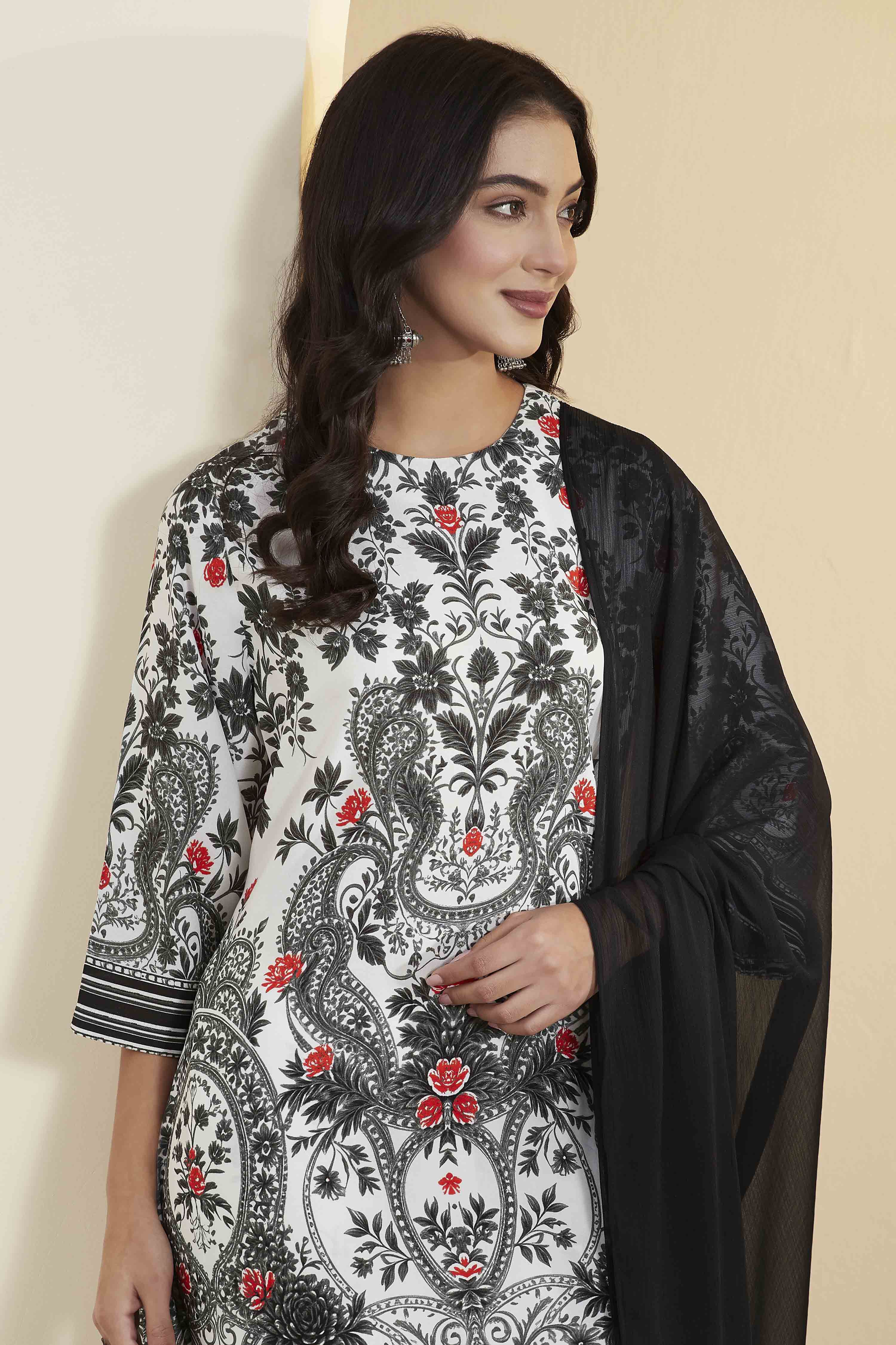 Black & White Viscose Rayon Floral Straight Kurta Set image number 1