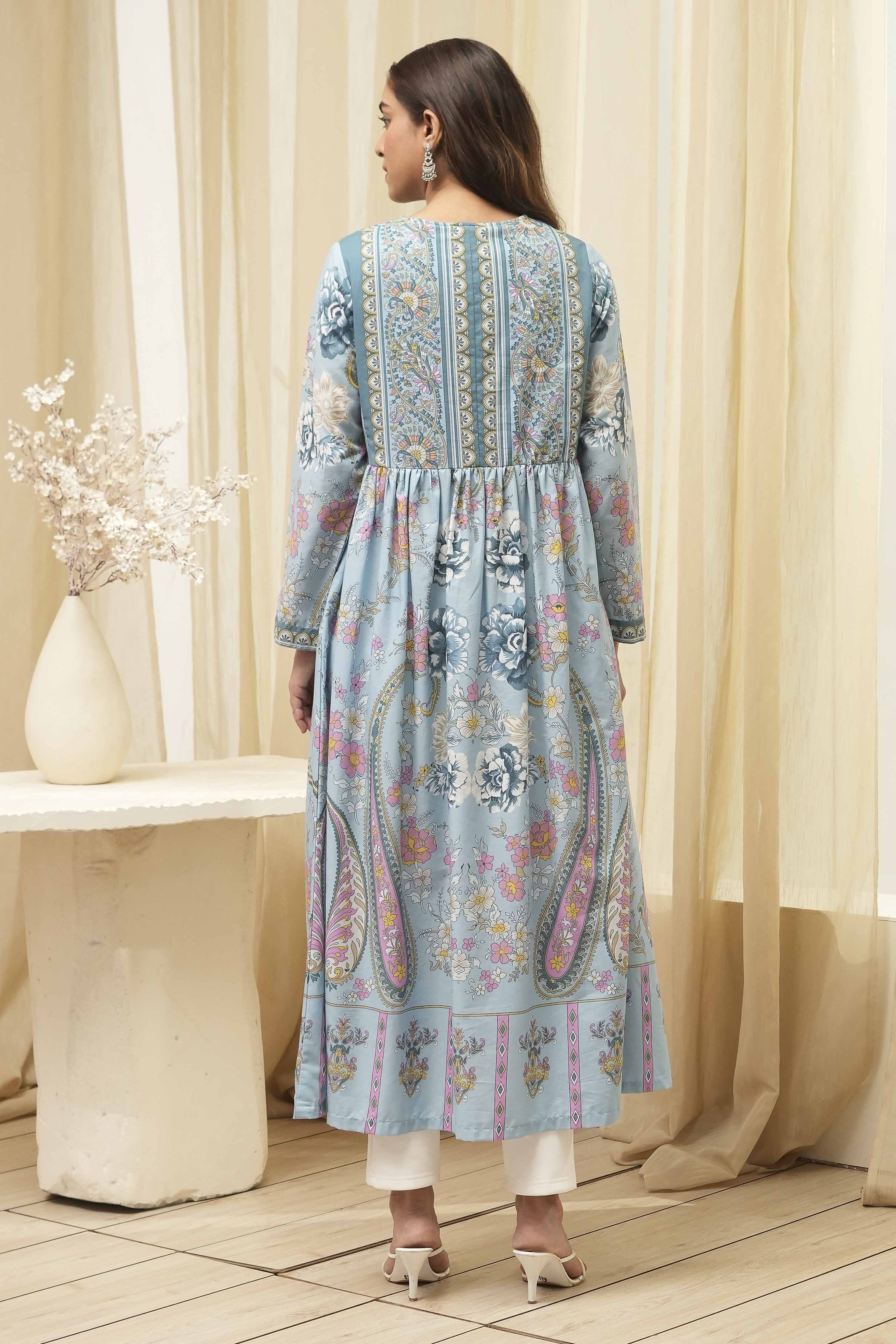 Dull Blue Cotton Printed Flared Kurta image number 4