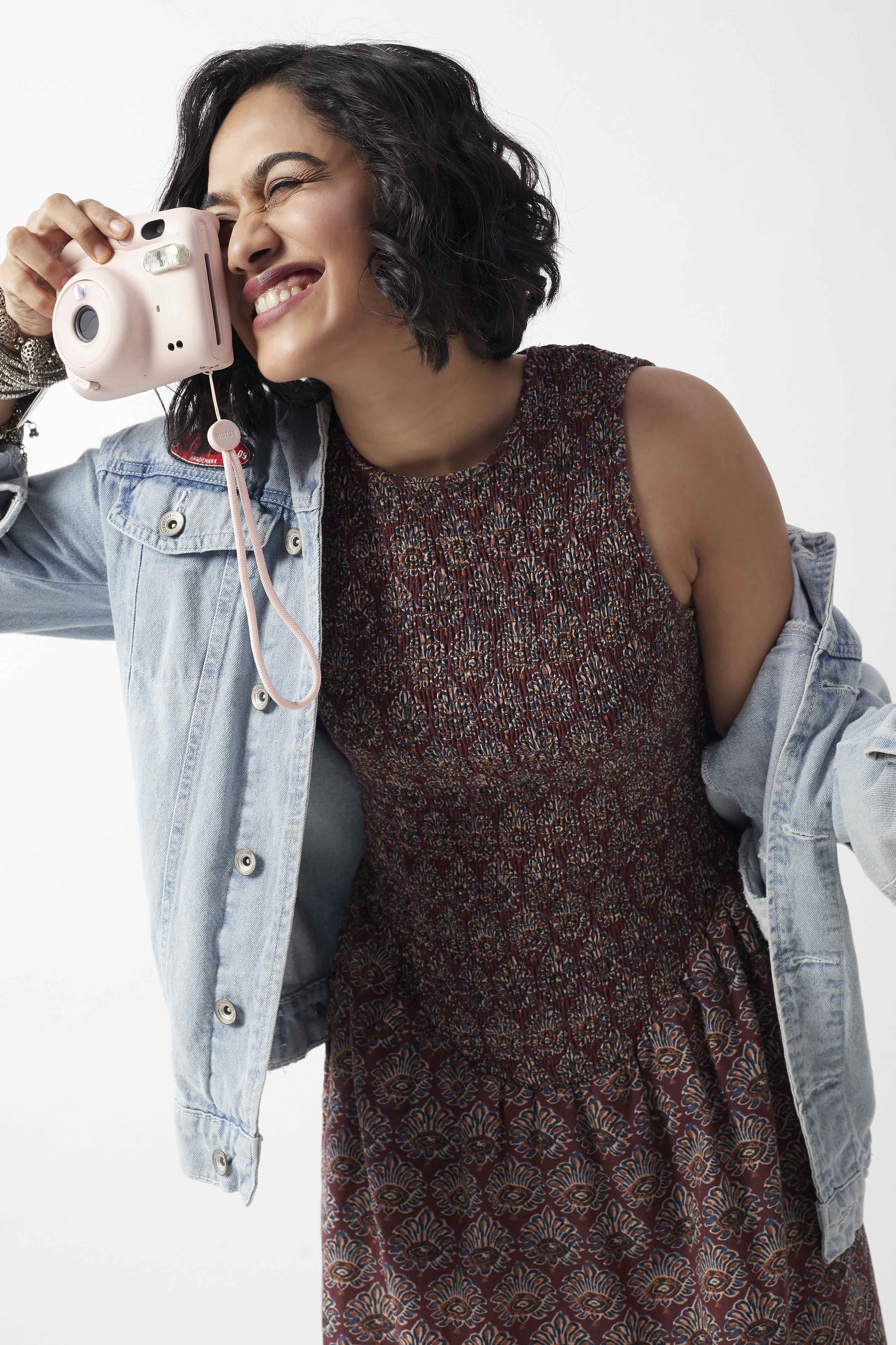 Maroon Cotton Printed Smocked Dress image number 1