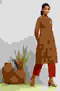 Mustard and Maroon Georgette Printed A-Line Kurta image number 4