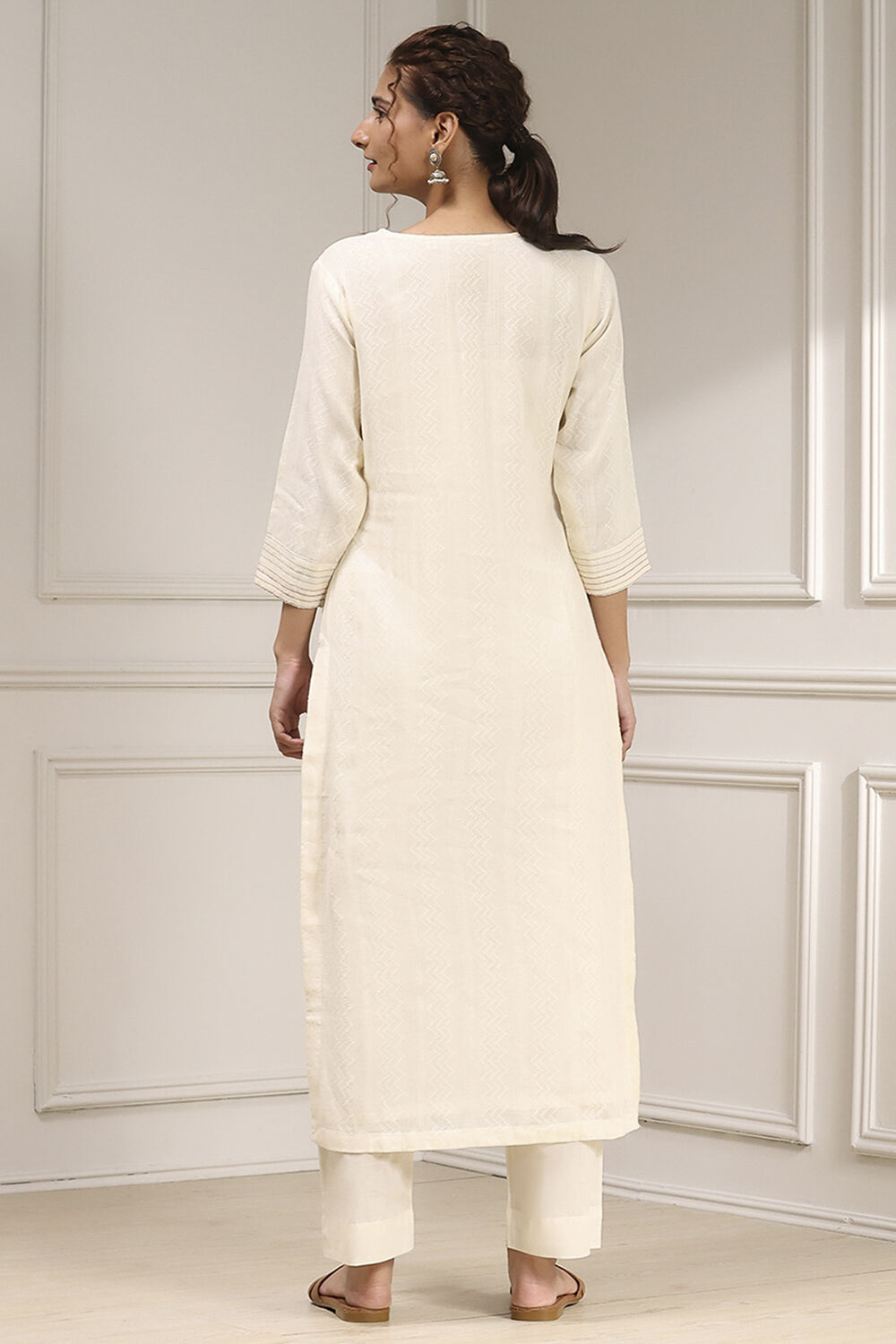 Off White Cotton Hand Embroidered Unstitched Suit Set image number 5