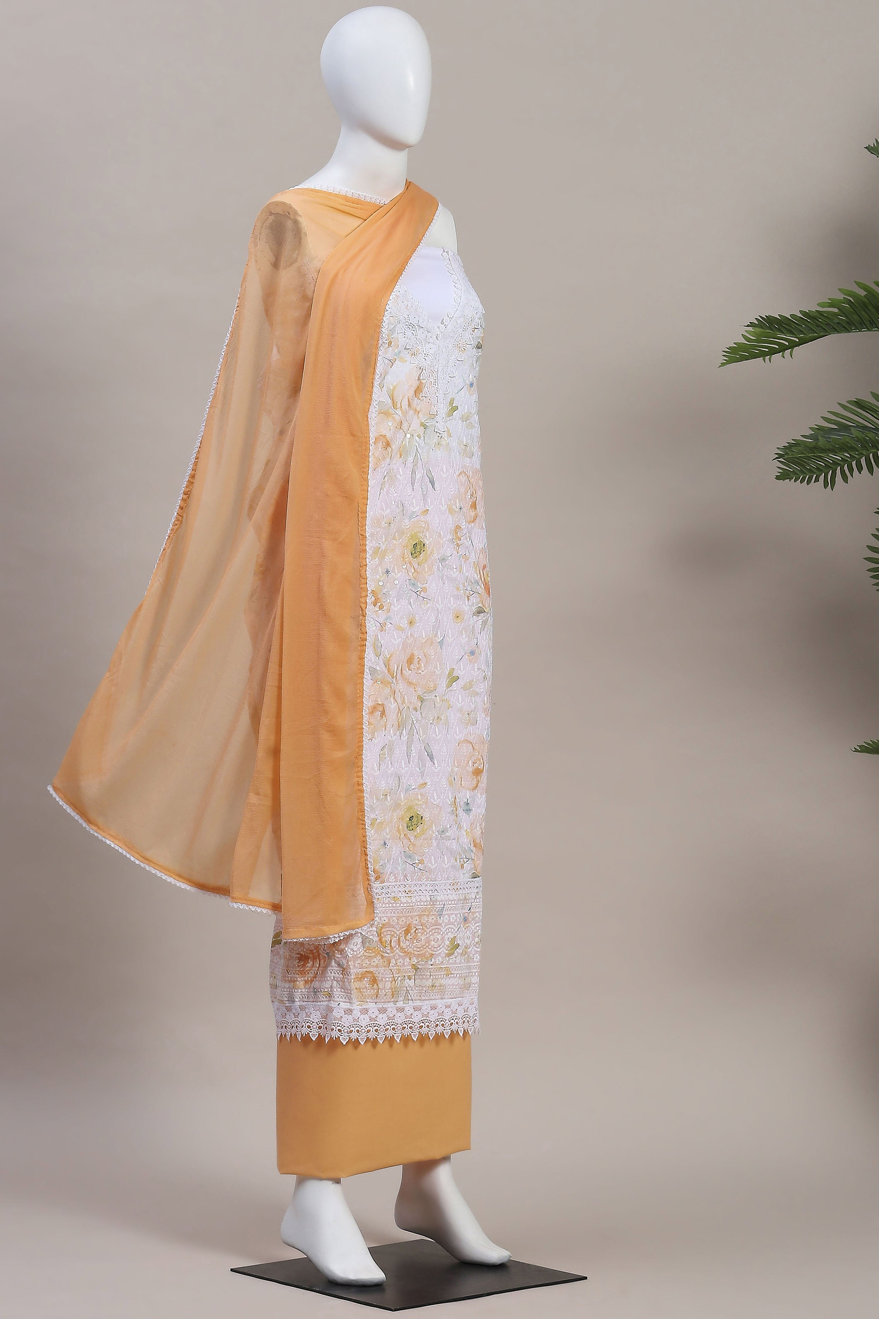 Ochre Cotton Printed Embroidered Unstitched Suit Set image number 4