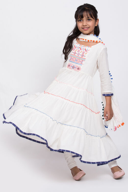 Off White Cotton Tiered Straight Kurta Churidar Suit Set image number 2