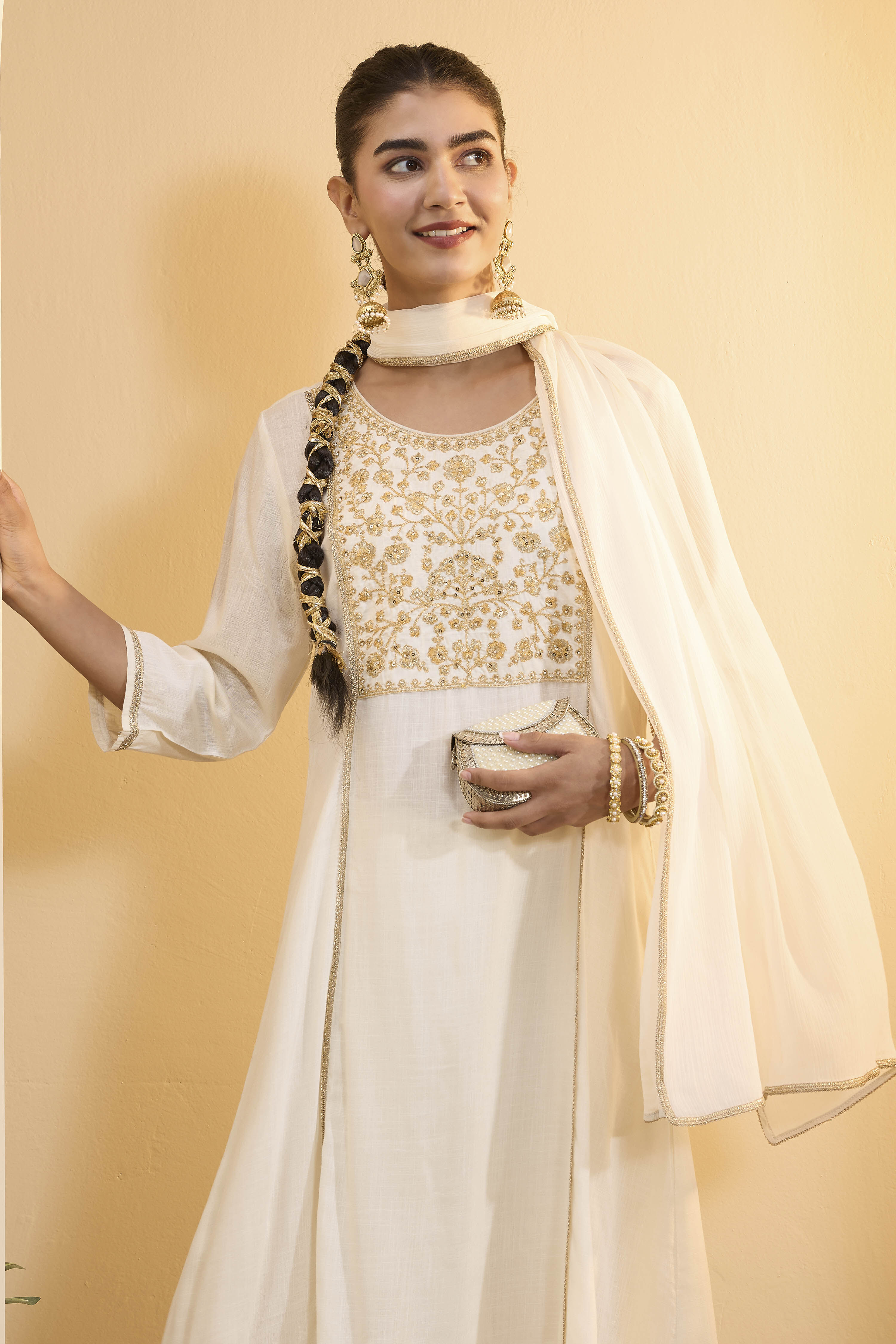 Off White Viscose Rayon Kalidar Suit Set image number 1