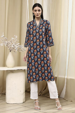 Blue Cotton Printed Straight Kurta image number 5