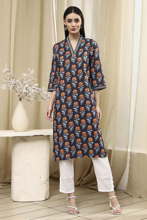 Blue Cotton Printed Straight Kurta image number 5