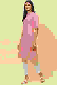 Dusty Pink Cotton Printed Short Kurti image number 3