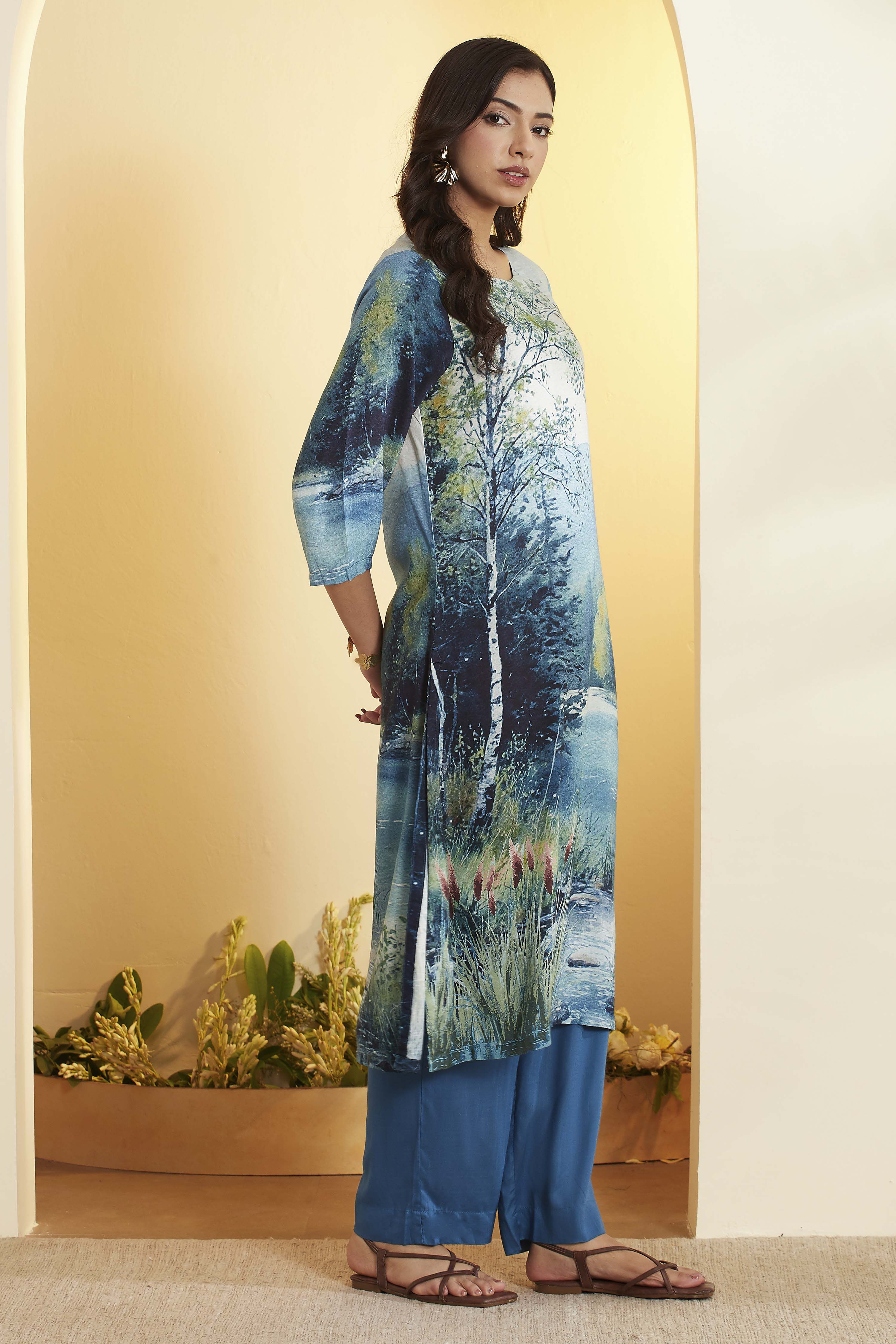 Blue Rayon Slub Straight Kurta Pants Set image number 4
