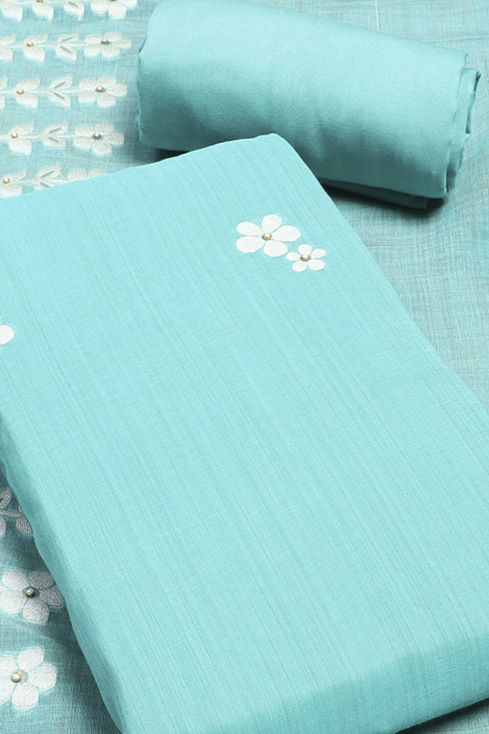 Blue Chanderi Unstitched Suit Set image number 4