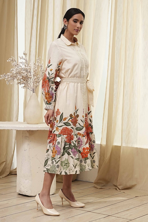 Beige Cotton Floral Shirt-Style Flared Dress image number 5