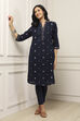 Navy Blue Cotton Polka Dot Straight Kurta image number 0