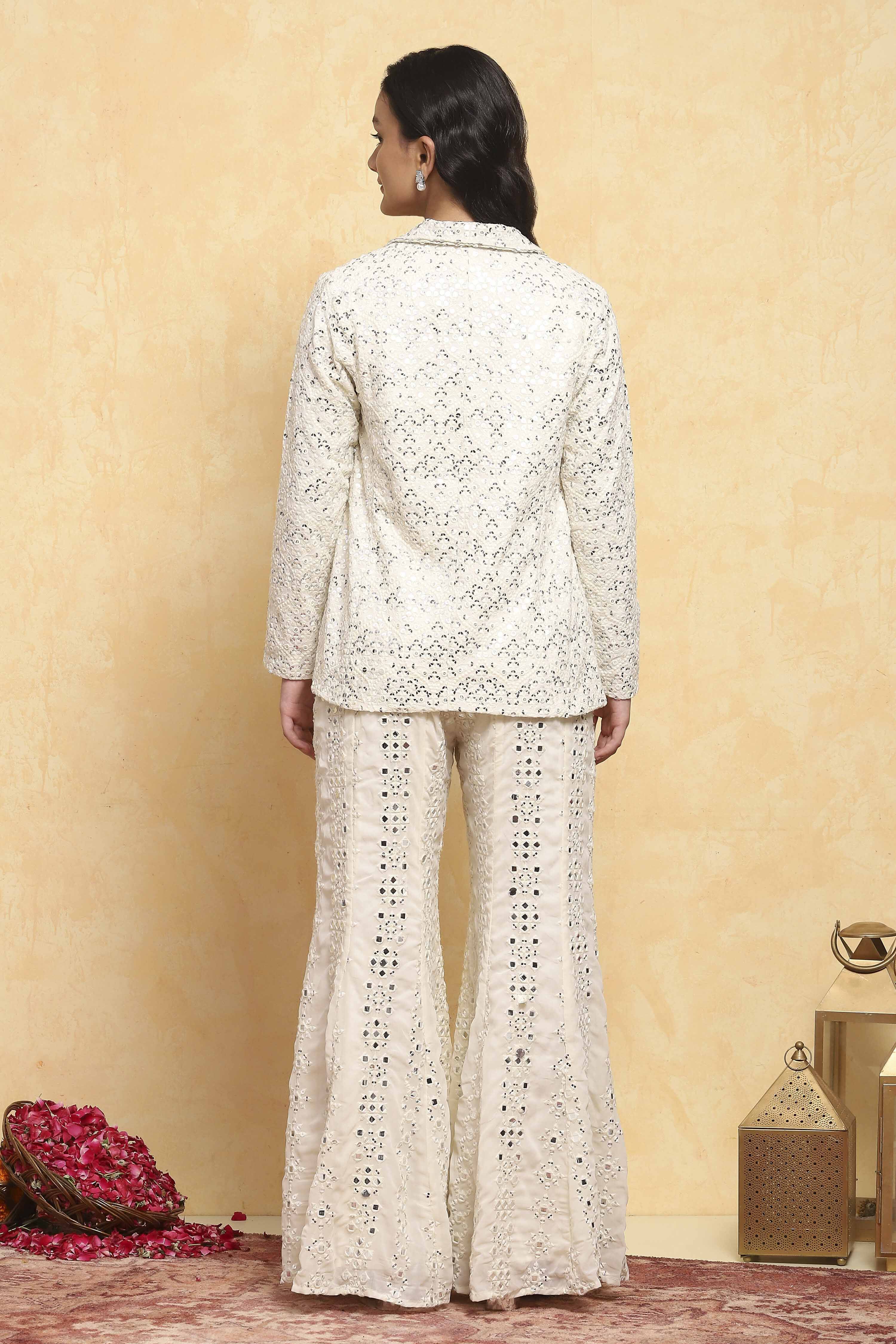 White Viscose Rayon Embroidered Straight Suit Set image number 4