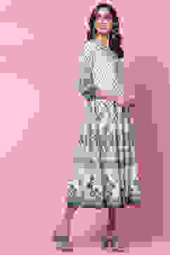 Green Cotton Flared Printed Kurta Dress image number 3