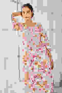 Beige & Pink Cotton Floral Printed Straight Kurta image number 0