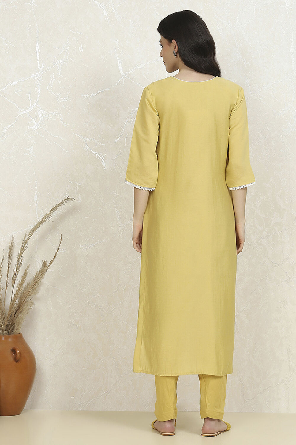 Yellow Modal Machine Embroidered Unstitched Suit Set image number 5